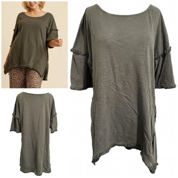 Umgee Green Lagenlook Drop Sleeve Tunic Top Fringe Trim Detail Size Large - Picture 1 of 7